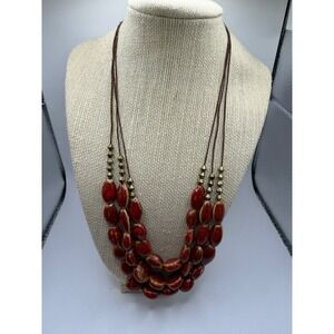 Coldwater Creek Layered Red Ceramic Bead Necklace Bronze Tone Accent Cord